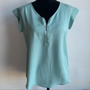 Zip Front Cap Sleeve Blouse
